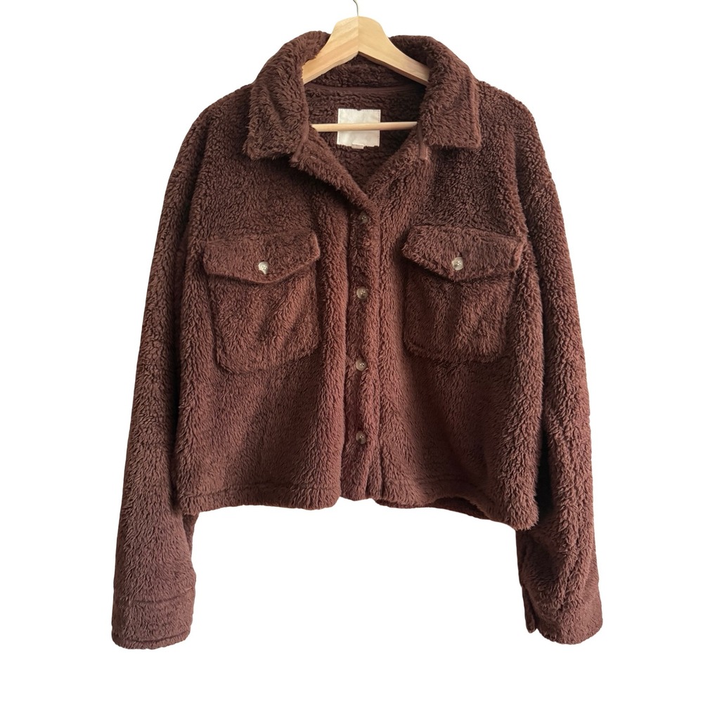 Thread & Supply Chocolate Brown Cropped Sherpa Fleece Fall Cozy Shacket Jacket M